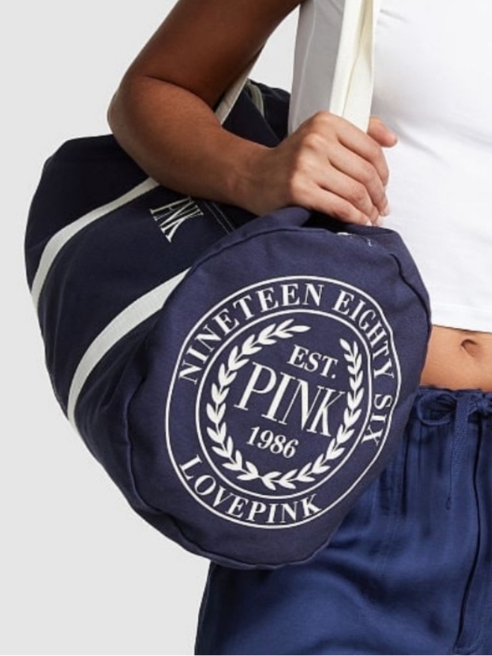 PINK Victoria's Secret Navy Canvas Duffle with Cream Handles
